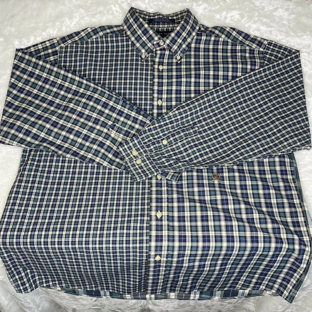 Vintage Tommy Hilfiger Men's Green Plaid Long Sleeve Button Down Shirt Sz L